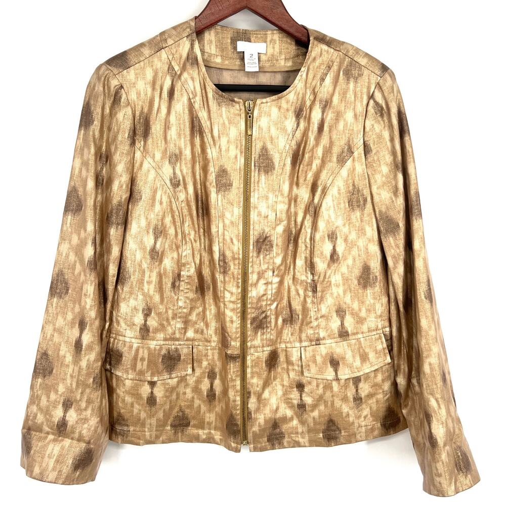 Chico's Size 2 or L Large Linen Blend Gold Metallic Jacket Blouse Shirt Top